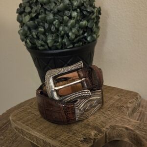 FOSSIL Vintage Y2K Western Brown Croc Embossed Leather Silver Concho Belt Size M